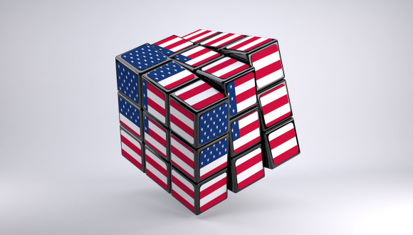 Rubik's Cube in US flag colors on whit background